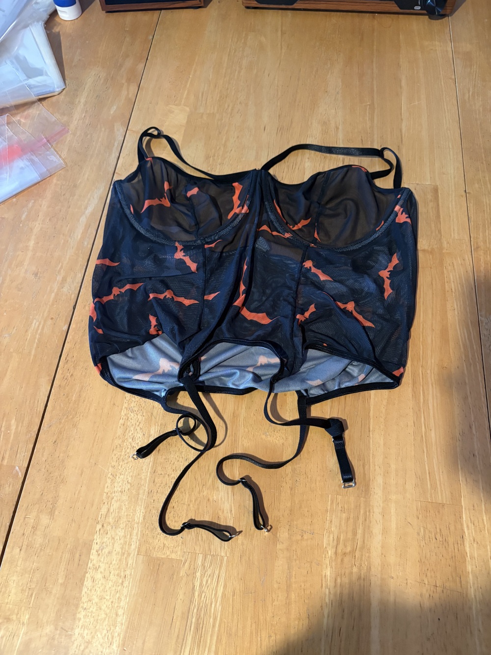 Halloween Bat Print Women's Black Orange Mesh Corset Bustier Garter Size 4XL